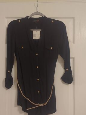 G by Guess Black Long-Sleeve Tunic Shirt with Gold Buttons and Braided Tan Belt